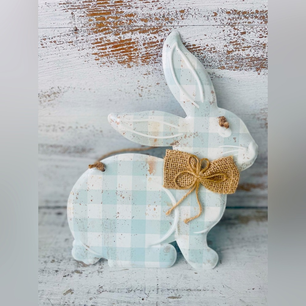 *Spring Blue Gingham Hanging Metal Bunny
